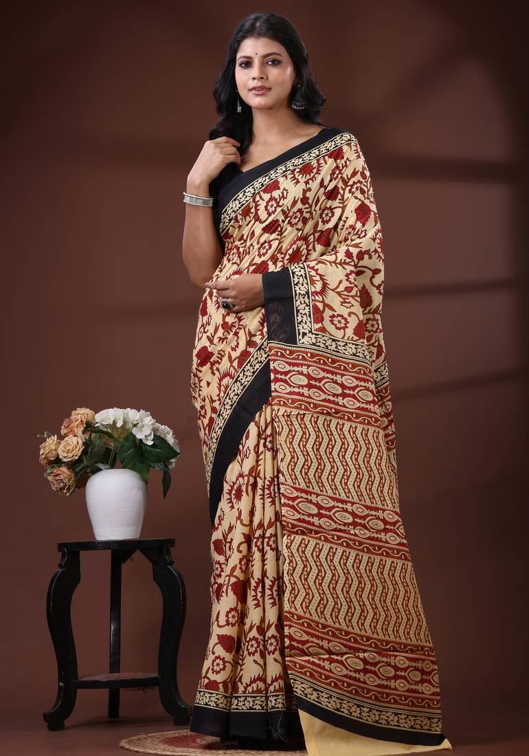 Beige & maroon  malmal cotton saree with floral handblock print and black border design