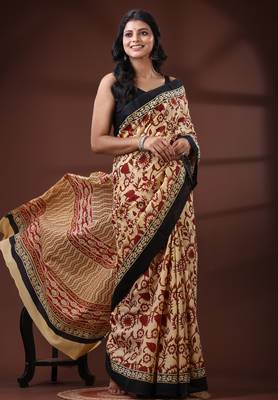 Beige & maroon  malmal cotton saree with floral handblock print and black border design 2