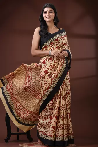 Beige & maroon  malmal cotton saree with floral handblock print and black border design