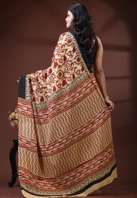 Beige & maroon  malmal cotton saree with floral handblock print and black border design 3
