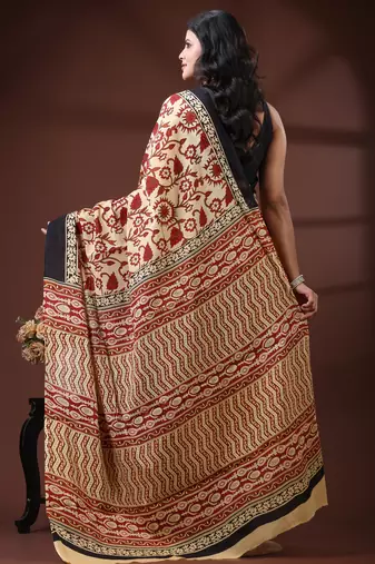 Beige & maroon  malmal cotton saree with floral handblock print and black border design