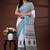White & sky blue  malmal cotton saree with tribal face motif and geometric handblock print design