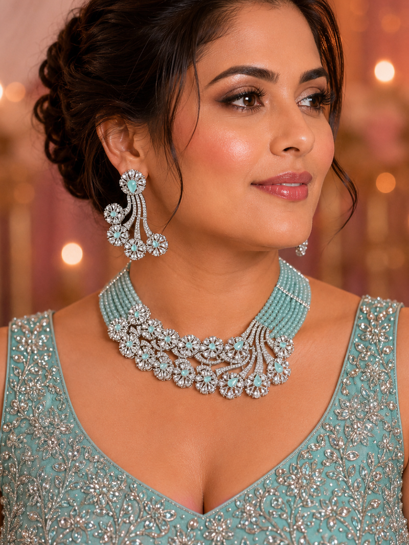 Mint Lagoon AD Necklace Ensemble