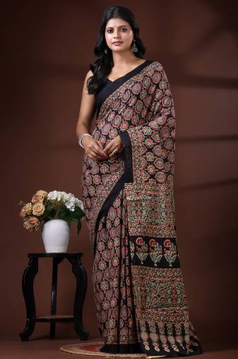Black  malmal cotton saree with traditional ajrakh floral handblock print design