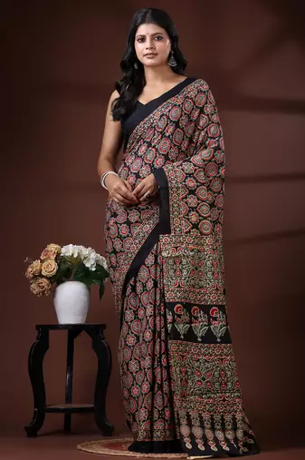 Black  malmal cotton saree with traditional ajrakh floral handblock print design