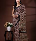 Black  malmal cotton saree with traditional ajrakh floral handblock print design