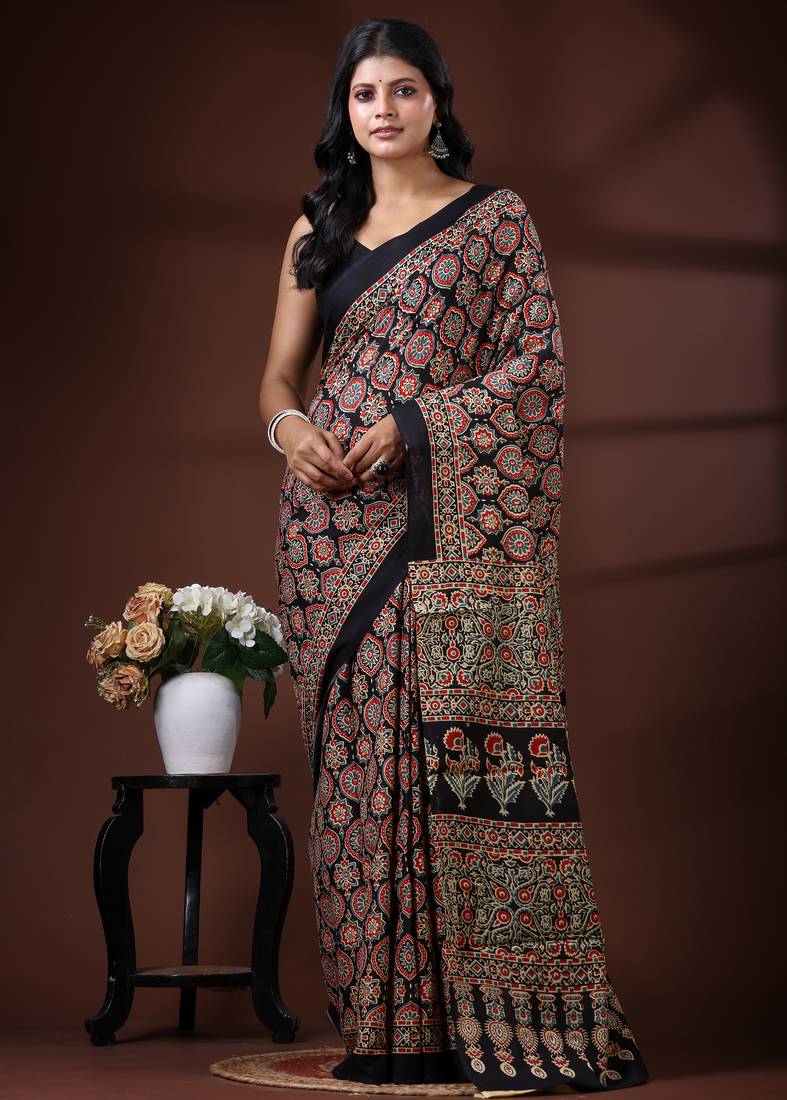 Black  malmal cotton saree with traditional ajrakh floral handblock print design