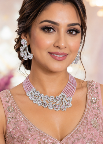 Pink aurora floral diamond necklace ensemble