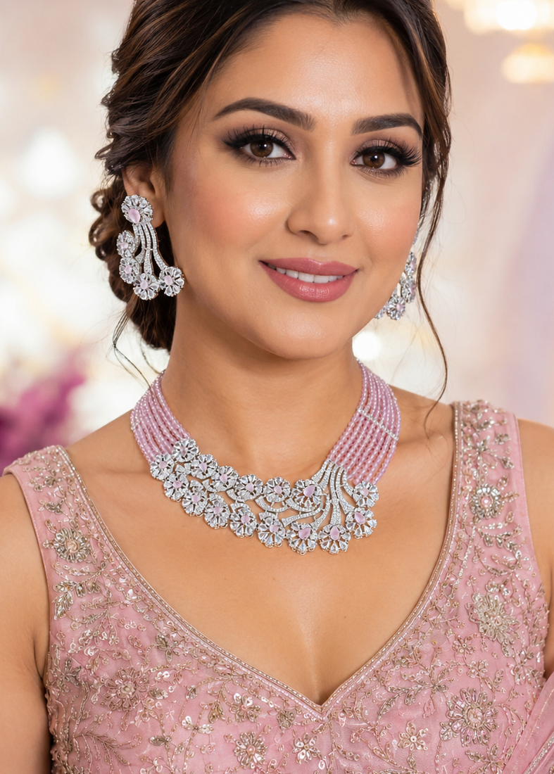 Pink aurora floral diamond necklace ensemble