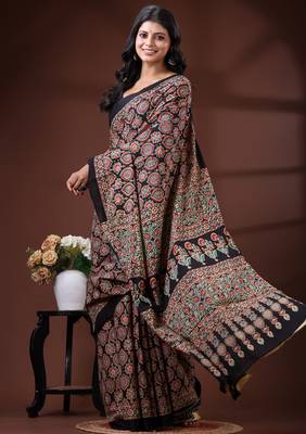Black  malmal cotton saree with traditional ajrakh floral handblock print design 2