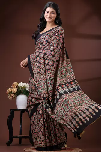 Black  malmal cotton saree with traditional ajrakh floral handblock print design