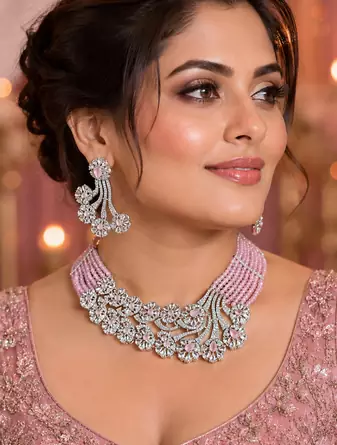 Pink aurora floral diamond necklace ensemble