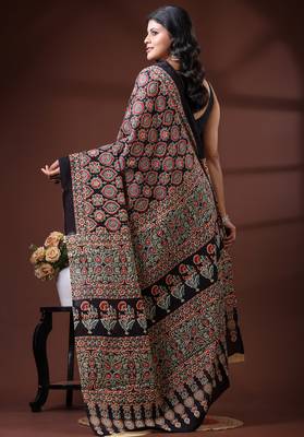 Black  malmal cotton saree with traditional ajrakh floral handblock print design 3