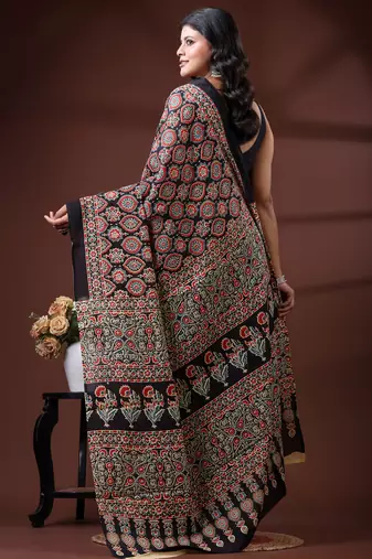 Black  malmal cotton saree with traditional ajrakh floral handblock print design