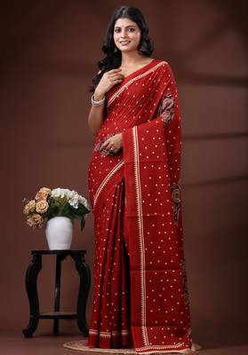 Crimson red  malmal cotton saree with polka dot design 1