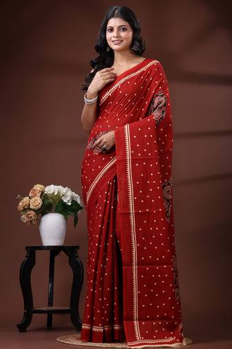 Crimson red  malmal cotton saree with polka dot design