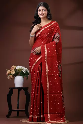 Crimson red  malmal cotton saree with polka dot design