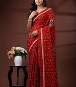 Crimson red  malmal cotton saree with polka dot design