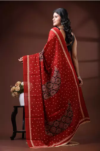Crimson red  malmal cotton saree with polka dot design