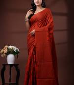 Rust orange & black paisley printed  malmal cotton saree with striped pallu