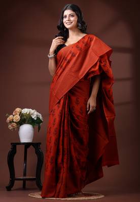 Rust orange & black paisley printed  malmal cotton saree with striped pallu 2