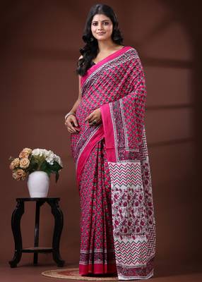 Pink & white floral printed  malmal cotton saree with zigzag border design 1