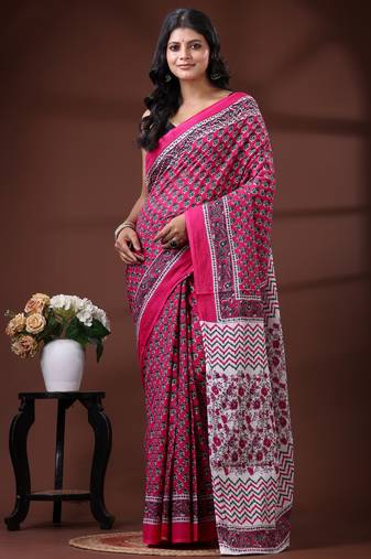 Pink & white floral printed  malmal cotton saree with zigzag border design