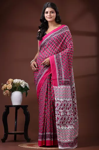 Pink & white floral printed  malmal cotton saree with zigzag border design