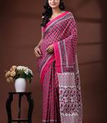 Pink & white floral printed  malmal cotton saree with zigzag border design