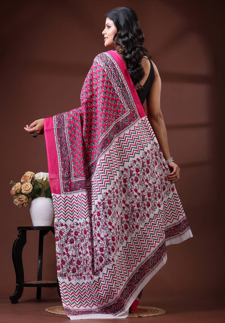 Pink & white floral printed  malmal cotton saree with zigzag border design