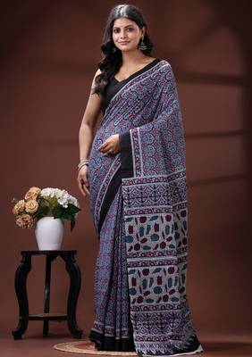 Blue & maroon traditional printed  malmal cotton saree with black border 1