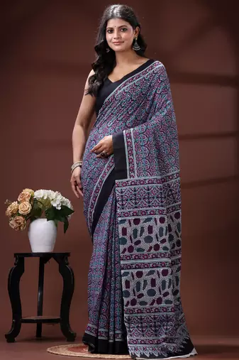 Blue & maroon traditional printed  malmal cotton saree with black border