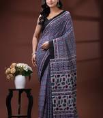Blue & maroon traditional printed  malmal cotton saree with black border