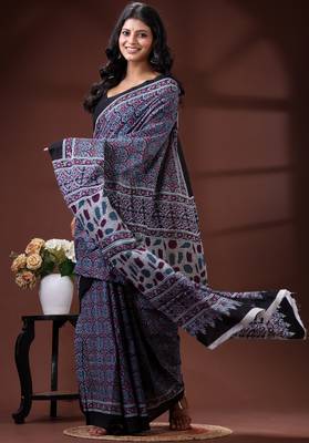 Blue & maroon traditional printed  malmal cotton saree with black border 2