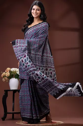 Blue & maroon traditional printed  malmal cotton saree with black border