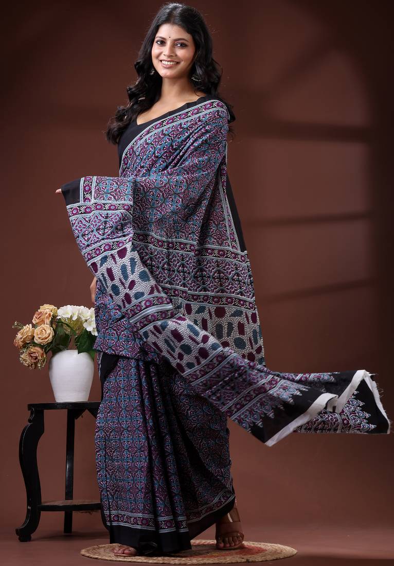Blue & maroon traditional printed  malmal cotton saree with black border
