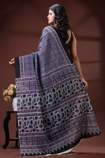 Blue & maroon traditional printed  malmal cotton saree with black border