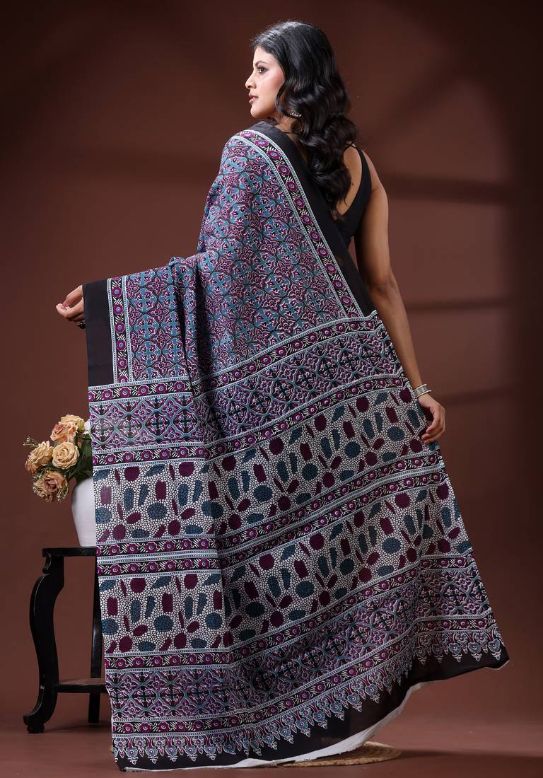 Blue & maroon traditional printed  malmal cotton saree with black border