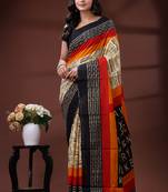 Beige  malmal cotton saree with newspaper & typography print in red and black