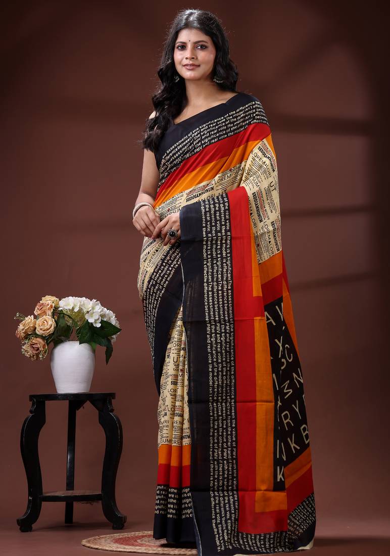 Beige  malmal cotton saree with newspaper & typography print in red and black