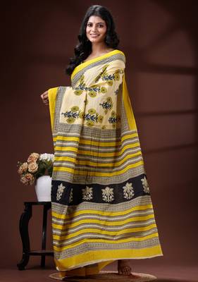 Beige  malmal cotton saree in yellow floral buti print with contrast border 2