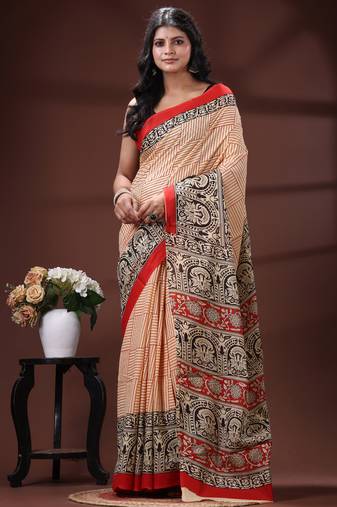 Cream  malmal cotton saree in black handblock kalamkari saree with red contrasting border
