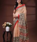 Cream  malmal cotton saree in black handblock kalamkari saree with red contrasting border