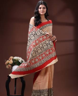 Cream  malmal cotton saree in black handblock kalamkari saree with red contrasting border 2