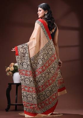 Cream  malmal cotton saree in black handblock kalamkari saree with red contrasting border 3