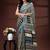 Teal blue  malmal cotton saree in ethnic mandala print with geometric block pallu