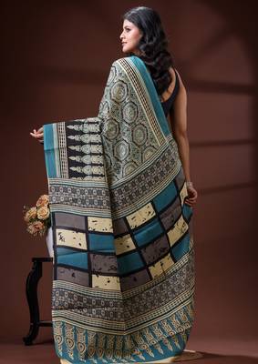 Teal blue  malmal cotton saree in ethnic mandala print with geometric block pallu 3