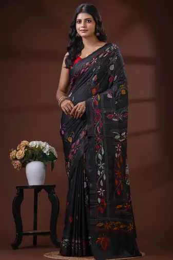 Jet black  silk blend kantha saree with multicolored floral hand-embroidery