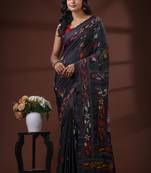 Jet black  silk blend kantha saree with multicolored floral hand-embroidery