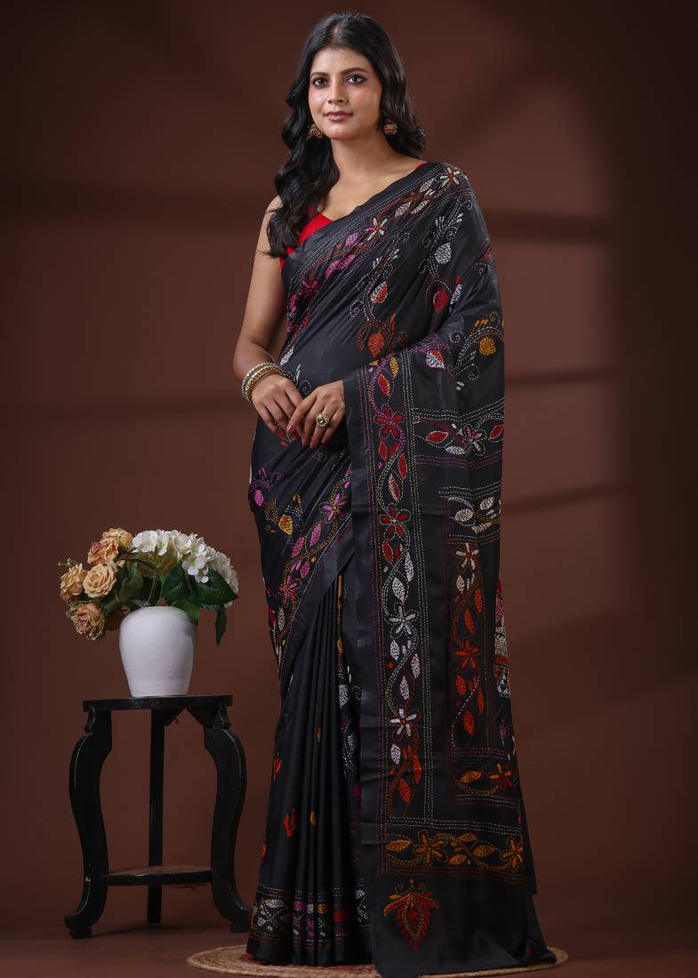 Jet black  silk blend kantha saree with multicolored floral hand-embroidery